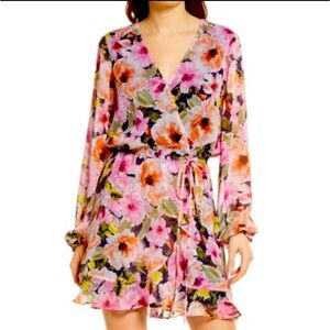 CHARLES HENRY Long Sleeve Faux Wrap Minidress - Navy Floral Medium NWT